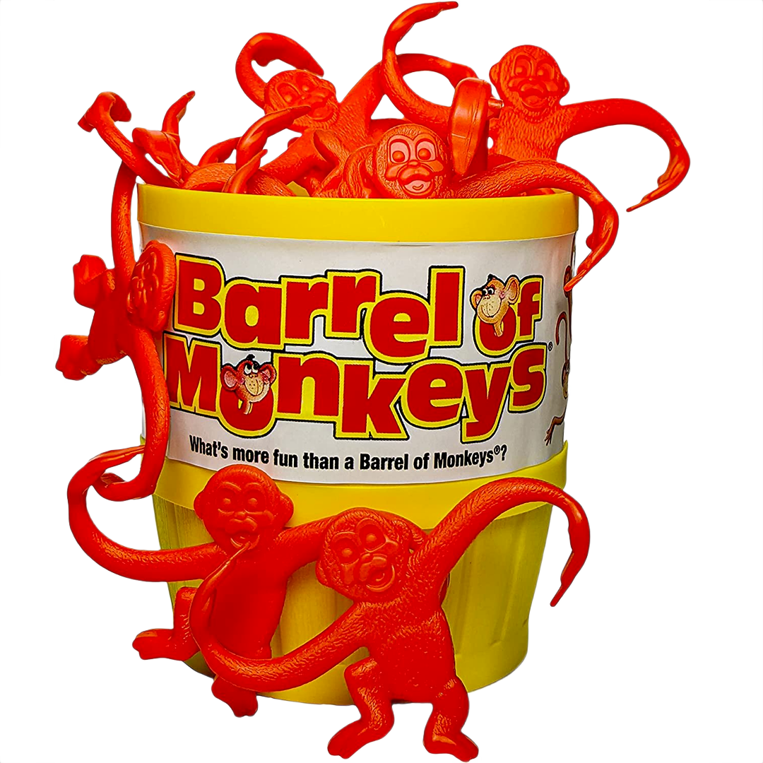 Bright yellow barrel filled with multiple interconnected red plastic monkeys, classic children's toy from Toys, Books & Games, Games and Puzzles, and Best Sellers collections.