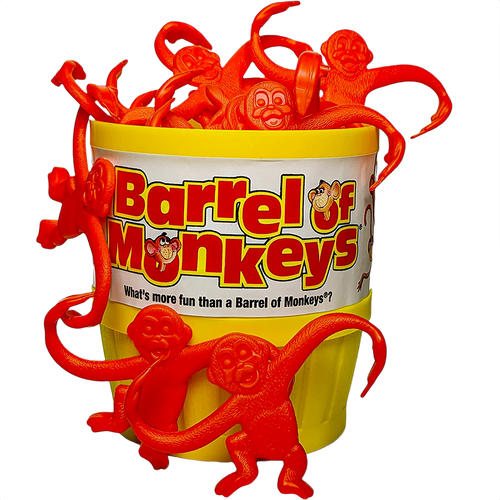 Bright yellow barrel filled with multiple interconnected red plastic monkeys, classic children's toy from Toys, Books & Games, Games and Puzzles, and Best Sellers collections.