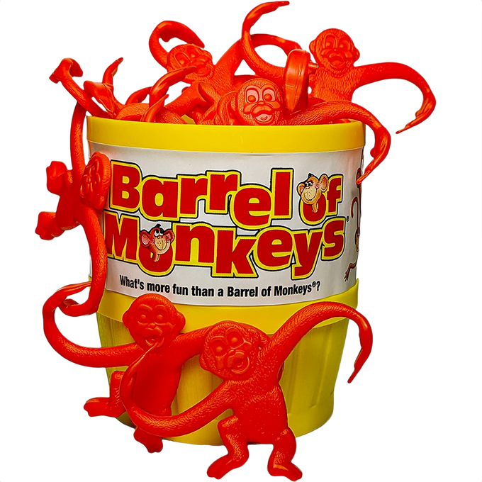 Bright yellow barrel filled with multiple interconnected red plastic monkeys, classic children's toy from Toys, Books & Games, Games and Puzzles, and Best Sellers collections.