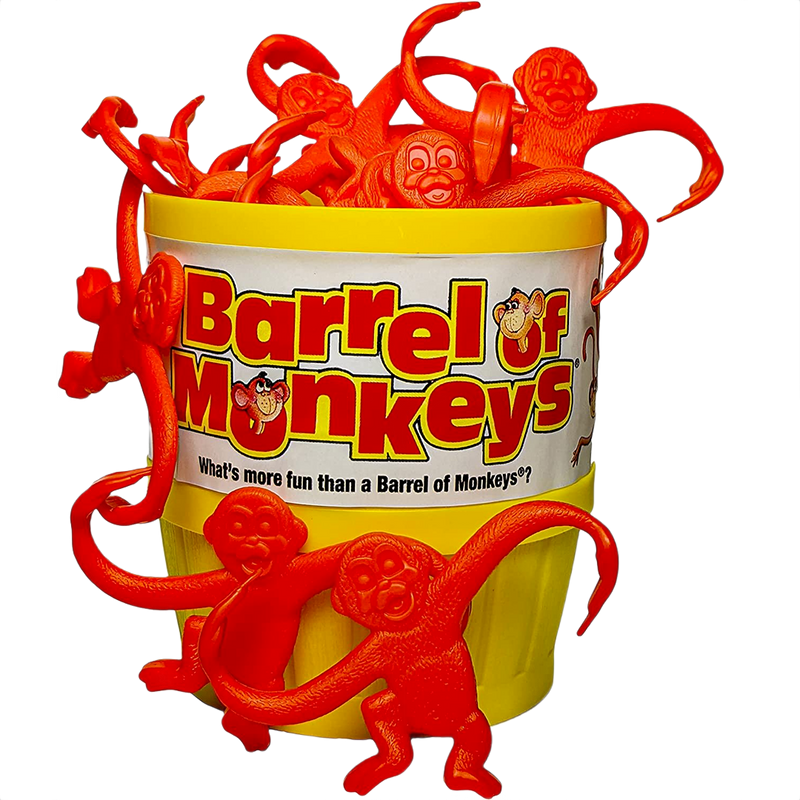 Bright yellow barrel filled with multiple interconnected red plastic monkeys, classic children's toy from Toys, Books & Games, Games and Puzzles, and Best Sellers collections.