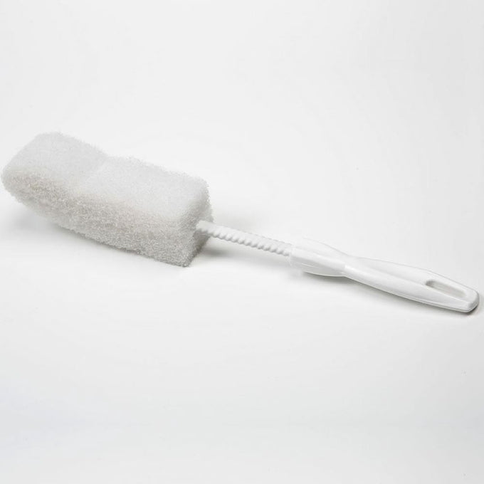 Extra gentle bottle brush with a durable plastic handle and soft sponge-like pad, designed for non-scratch cleaning of delicate glass and plastic bottles, featured in Home & Decor, Household Cleaning, and USA Made collections.