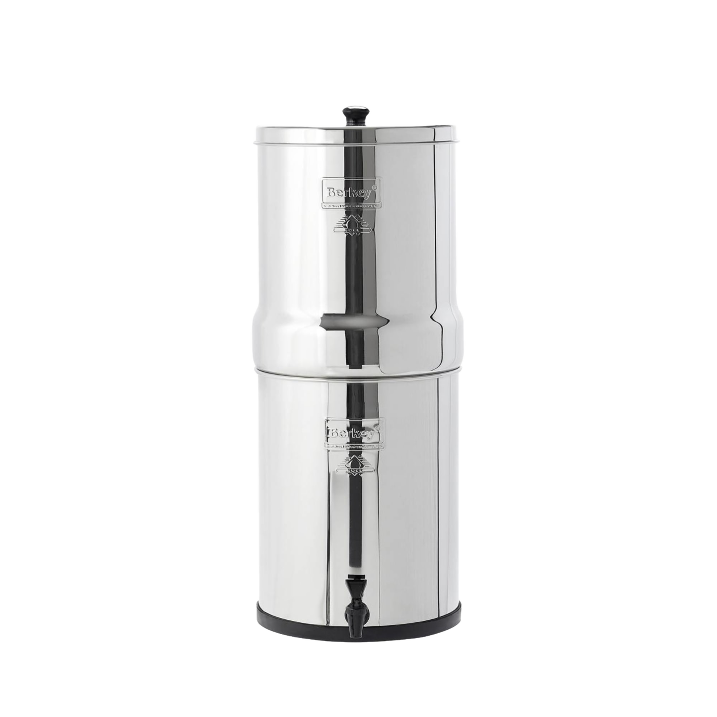 Highly polished stainless steel water filter with 3.25-gallon capacity, featuring dual chambers and a spigot, suitable for emergency supplies, appliances, and water treatment collections.