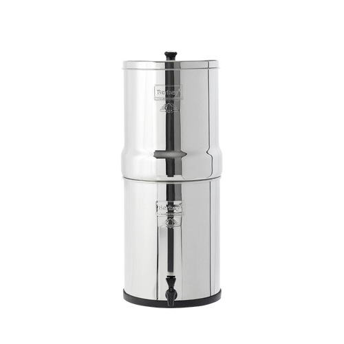 Highly polished stainless steel water filter with 3.25-gallon capacity, featuring dual chambers and a spigot, suitable for emergency supplies, appliances, and water treatment collections.