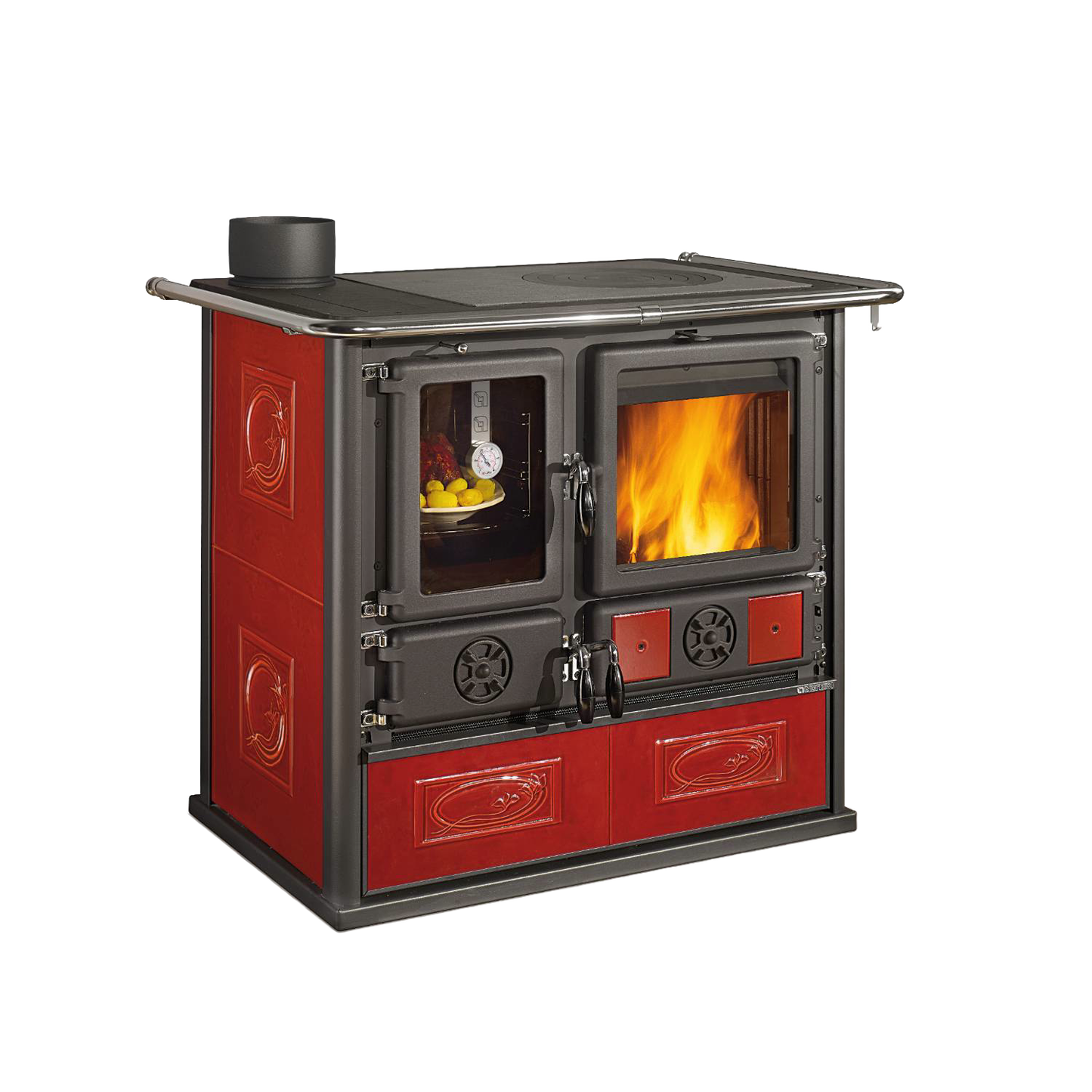 La Nordica Rosa Sinistra wood cook stove with red majolica panels, featuring a large firebox window and smaller oven compartment, designed for longer burns, ideal for Stoves, Cookstoves, Best Sellers, and All Stoves & Appliances collections.