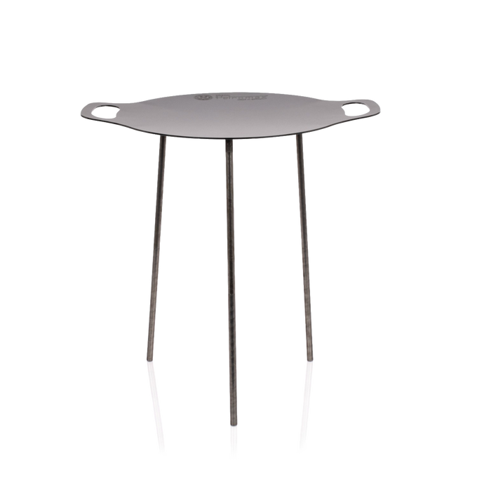 Lightweight steel griddle with three stable legs and integrated handles, designed for versatile outdoor cooking in Farm, Garden & Tool, Camping, Best Sellers, and Promo Eligible collections.