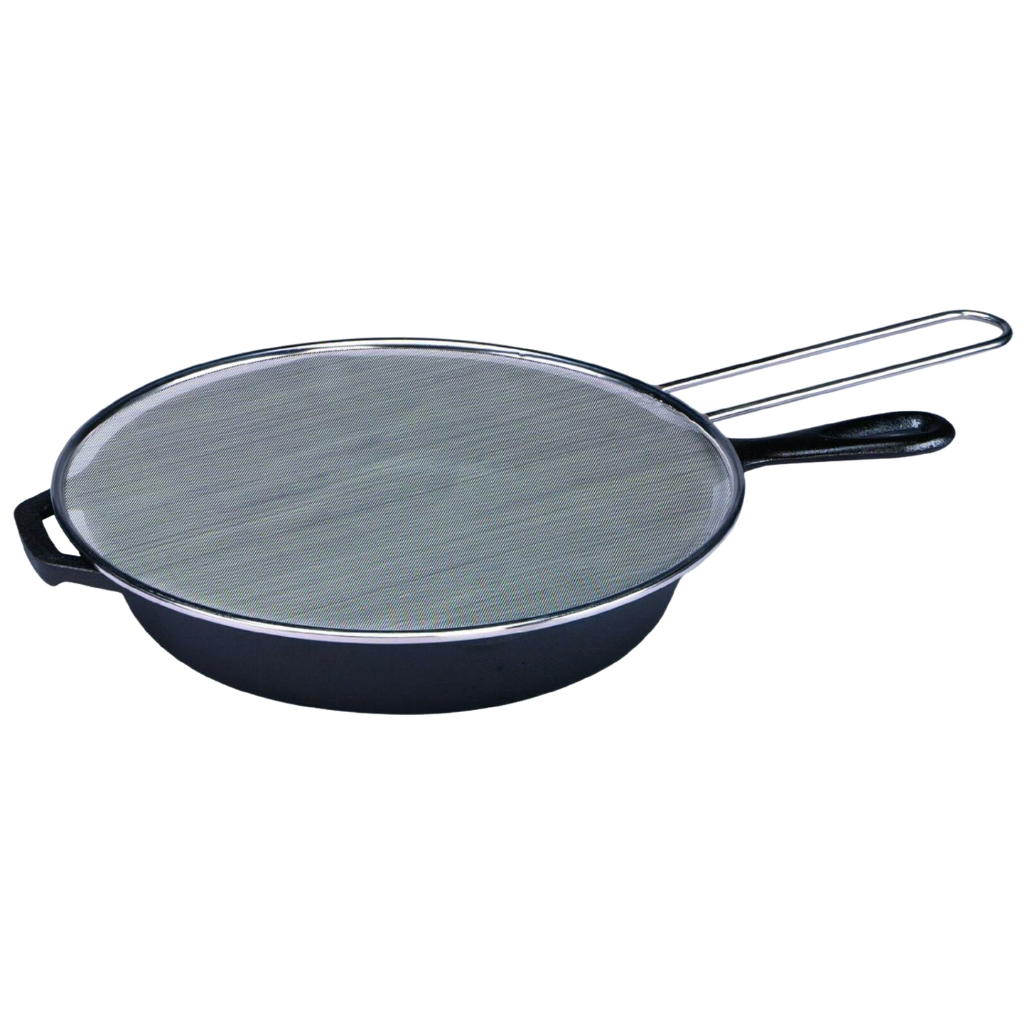 Stainless steel splatter screen with fine mesh and extended handle placed on a black skillet, designed to prevent cooking messes without obstructing view, featured in Kitchen & Food, Kitchen Gadgets, Cooking and Baking Helpers, Best Sellers, and Promo Eligible collections.
