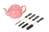 Set of four versatile cleaning brushes with black handles in different sizes, displayed next to a pink ceramic teapot, ideal for household cleaning and home care.