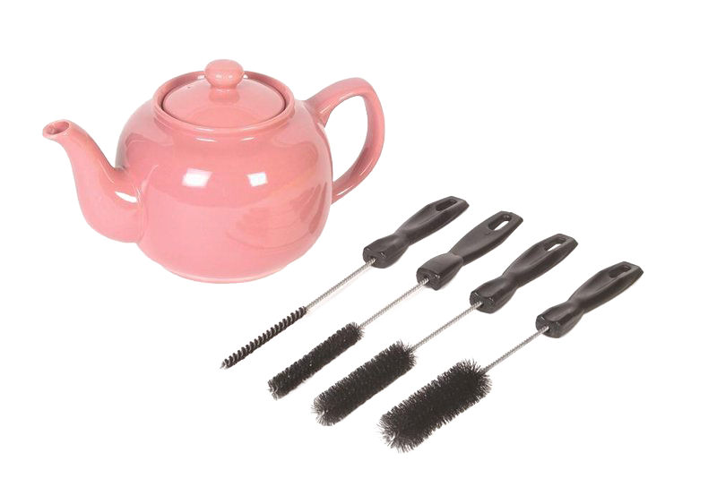 Set of four versatile cleaning brushes with black handles in different sizes, displayed next to a pink ceramic teapot, ideal for household cleaning and home care.
