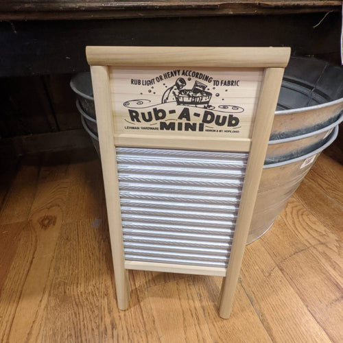 Handcrafted mini tin spiral washboard with smooth wooden frame and printed decorative nameplate, designed for efficient stain removal, featured in USA Made, Home & Decor, and Laundry Supplies collections.