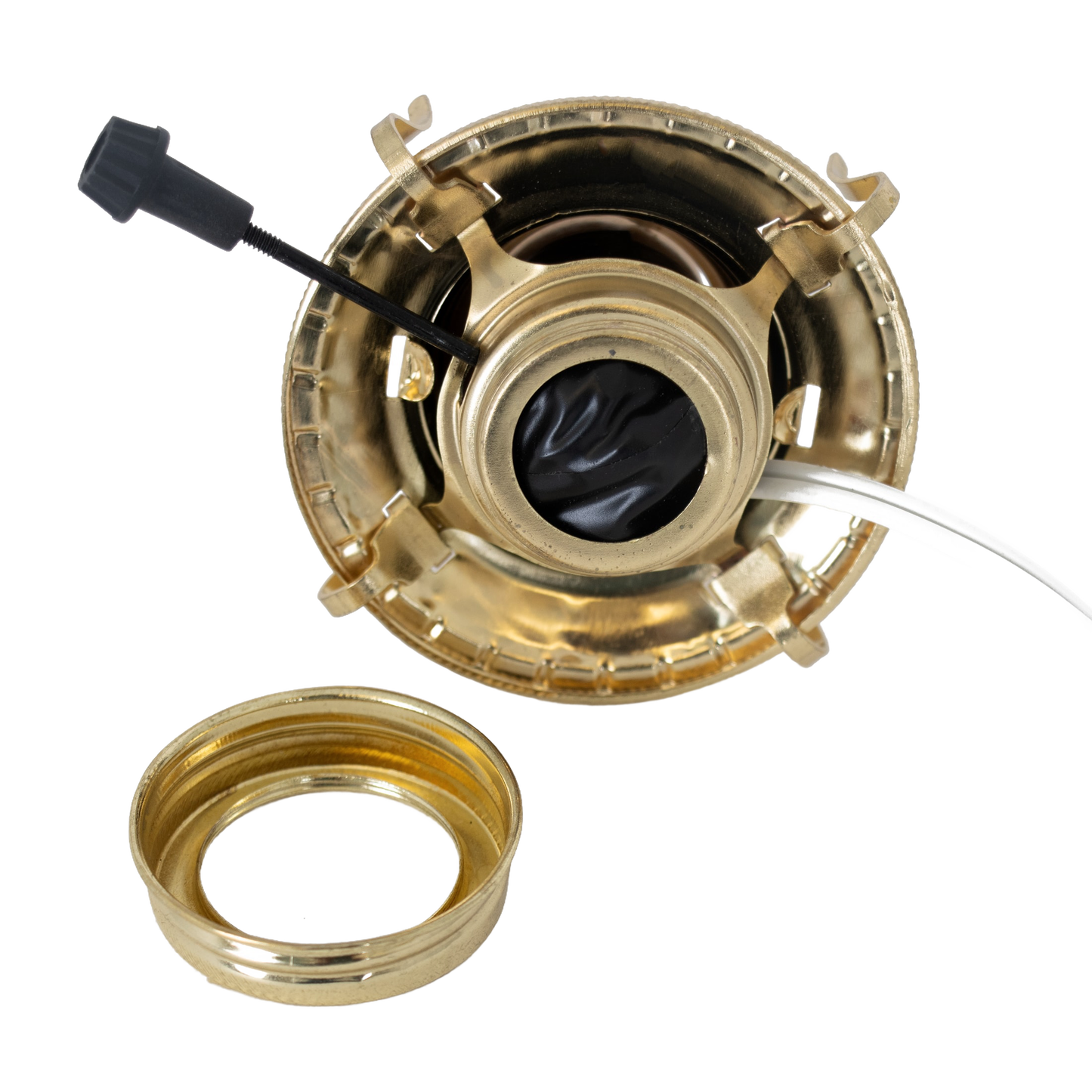 Handcrafted brass plated electrified burner with removable threaded screw-on collar, featuring UL listed 6 ft. white cord, fits most #2 lamp collars, ideal for Lamps & Lighting and Electric Conversion collections.