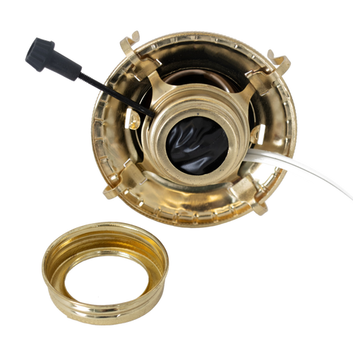 Handcrafted brass plated electrified burner with removable threaded screw-on collar, featuring UL listed 6 ft. white cord, fits most #2 lamp collars, ideal for Lamps & Lighting and Electric Conversion collections.