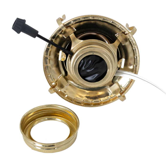 Handcrafted brass plated electrified burner with removable threaded screw-on collar, featuring UL listed 6 ft. white cord, fits most #2 lamp collars, ideal for Lamps & Lighting and Electric Conversion collections.