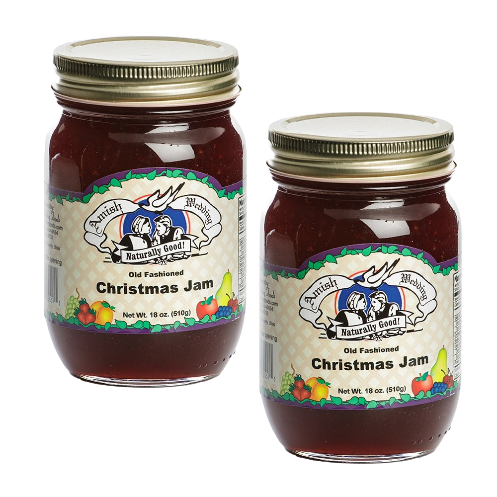 Two 18-ounce jars of handcrafted Christmas jam with a sweet and tart blend of strawberries and cranberries, featuring a rustic label and made in USA, ideal for pantry and snacks collections.