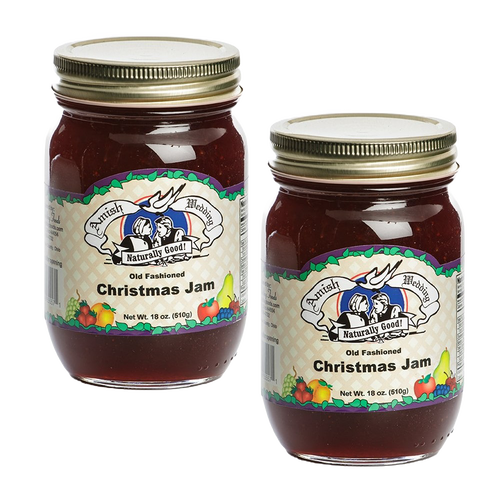 Two 18-ounce jars of handcrafted Christmas jam with a sweet and tart blend of strawberries and cranberries, featuring a rustic label and made in USA, ideal for pantry and snacks collections.