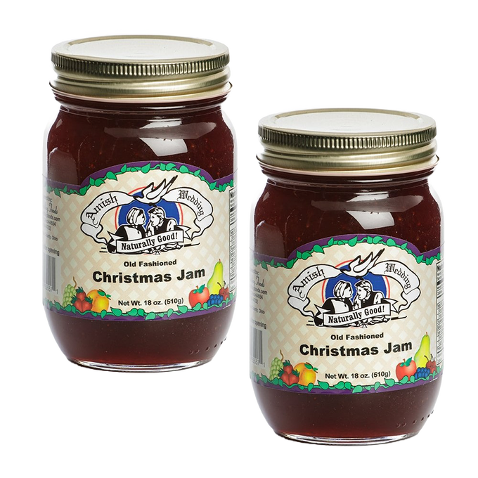Two 18-ounce jars of handcrafted Christmas jam with a sweet and tart blend of strawberries and cranberries, featuring a rustic label and made in USA, ideal for pantry and snacks collections.