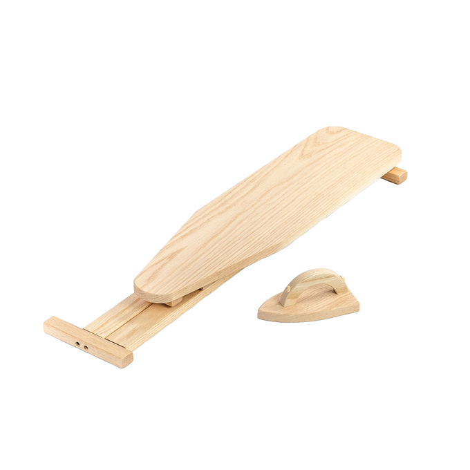 Handcrafted Amish-made wooden toy ironing board and iron set made of smooth unfinished oak, perfect for indoor play and children's wooden toys collections.