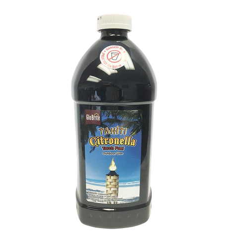 Black plastic bottle of citronella torch fuel with tropical beach and stone torch label, designed for outdoor use in pest control, camping, garden, and emergency lighting collections.