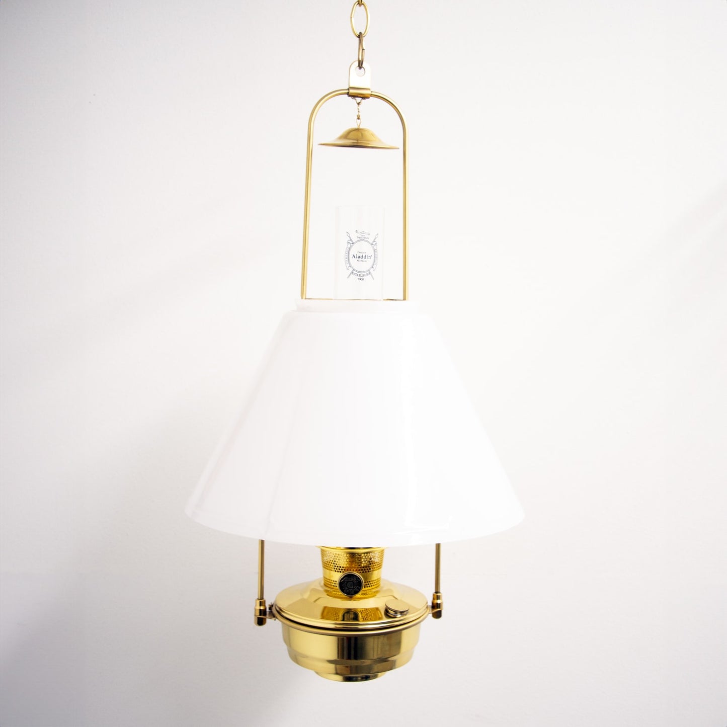 Hanging brass oil lamp with a glossy solid brass font and a smooth 14-inch white opal glass shade, ideal for Farm, Garden & Tool, Lamps & Lighting, and Emergency Supplies collections.