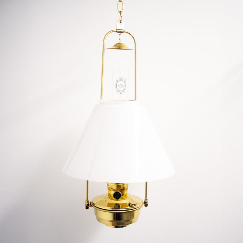 Hanging brass oil lamp with a glossy solid brass font and a smooth 14-inch white opal glass shade, ideal for Farm, Garden & Tool, Lamps & Lighting, and Emergency Supplies collections.