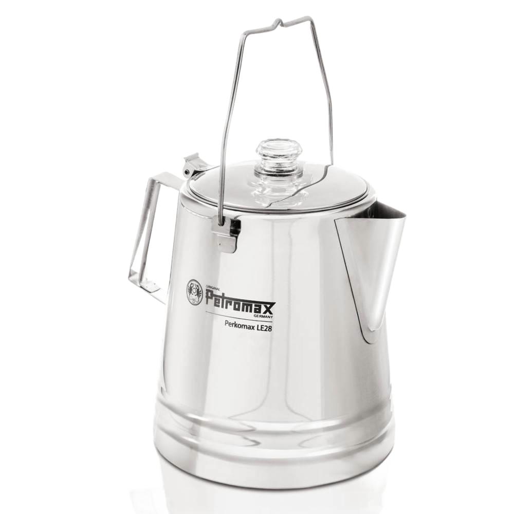 Polished stainless steel percolator with clear glass lid, wire bail handle, and angular side handle, designed for gentle coffee and tea brewing in Camping and Kitchen & Food collections.