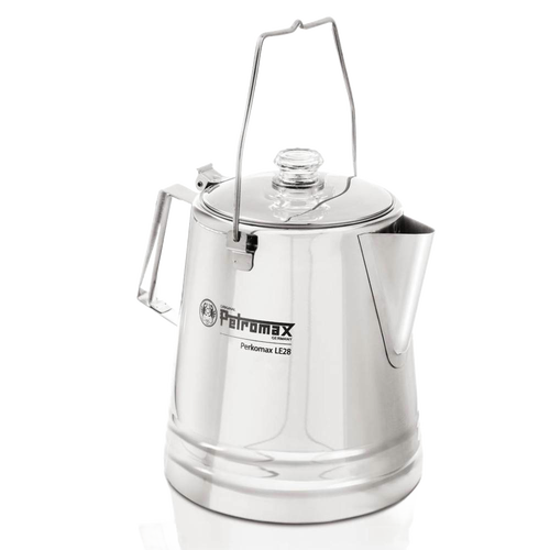 Polished stainless steel percolator with clear glass lid, wire bail handle, and angular side handle, designed for gentle coffee and tea brewing in Camping and Kitchen & Food collections.