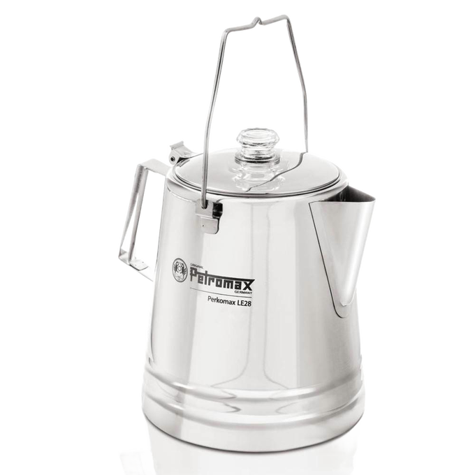 Polished stainless steel percolator with clear glass lid, wire bail handle, and angular side handle, designed for gentle coffee and tea brewing in Camping and Kitchen & Food collections.