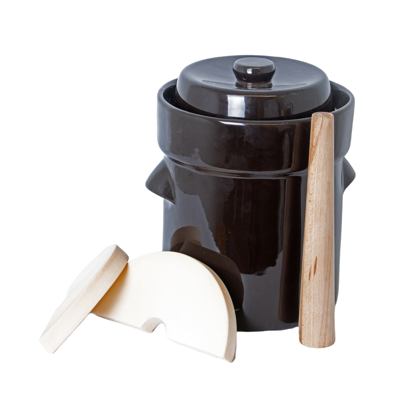 Handcrafted dark stoneware fermenting crock with lid, wooden stomper, and ceramic weights, designed for Kitchen & Food, Food Preservation, Fermenting and Pickling, and Best Sellers collections.