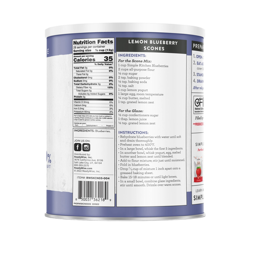 Back view of a #10 can of handcrafted freeze-dried blueberries with nutrition facts, ingredients, and lemon blueberry scone recipe, featured in Farm, Garden & Tool, Kitchen & Food, Emergency Supplies, Food, Freeze Dried, USA Made, Best Sellers, and Promo Eligible collections.
