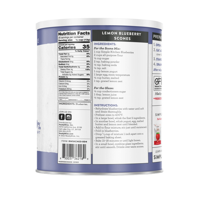 Back view of a #10 can of handcrafted freeze-dried blueberries with nutrition facts, ingredients, and lemon blueberry scone recipe, featured in Farm, Garden & Tool, Kitchen & Food, Emergency Supplies, Food, Freeze Dried, USA Made, Best Sellers, and Promo Eligible collections.