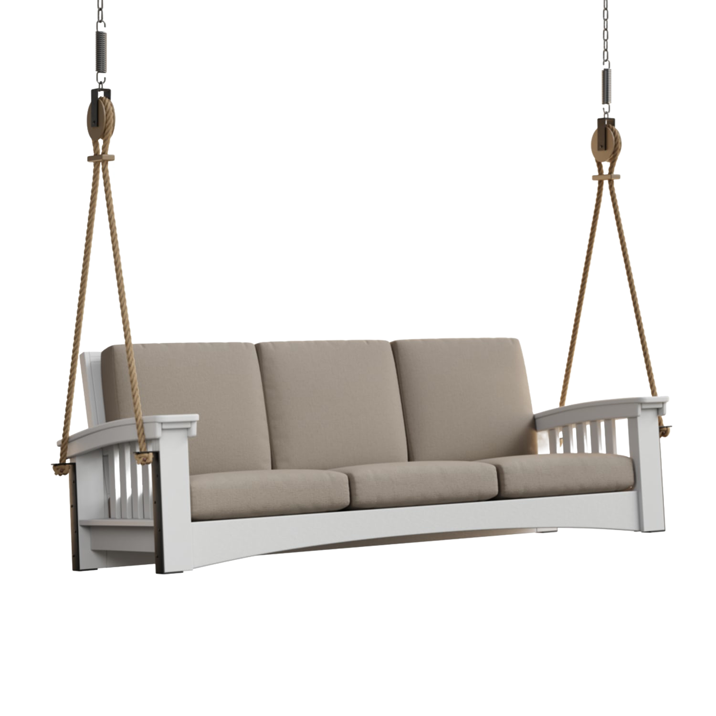 Handcrafted Mission Sofa 7 ft rope swing in durable painted cypress with thick beige cushions, hanging by sturdy ropes, ideal for Home & Decor, Outdoor Furniture, USA Made, Amish Made collections.