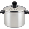 Stainless steel straining stockpot with built-in colander lid and black handles, designed for efficient cooking and easy liquid draining, ideal for Kitchen & Food and Cookware collections.
