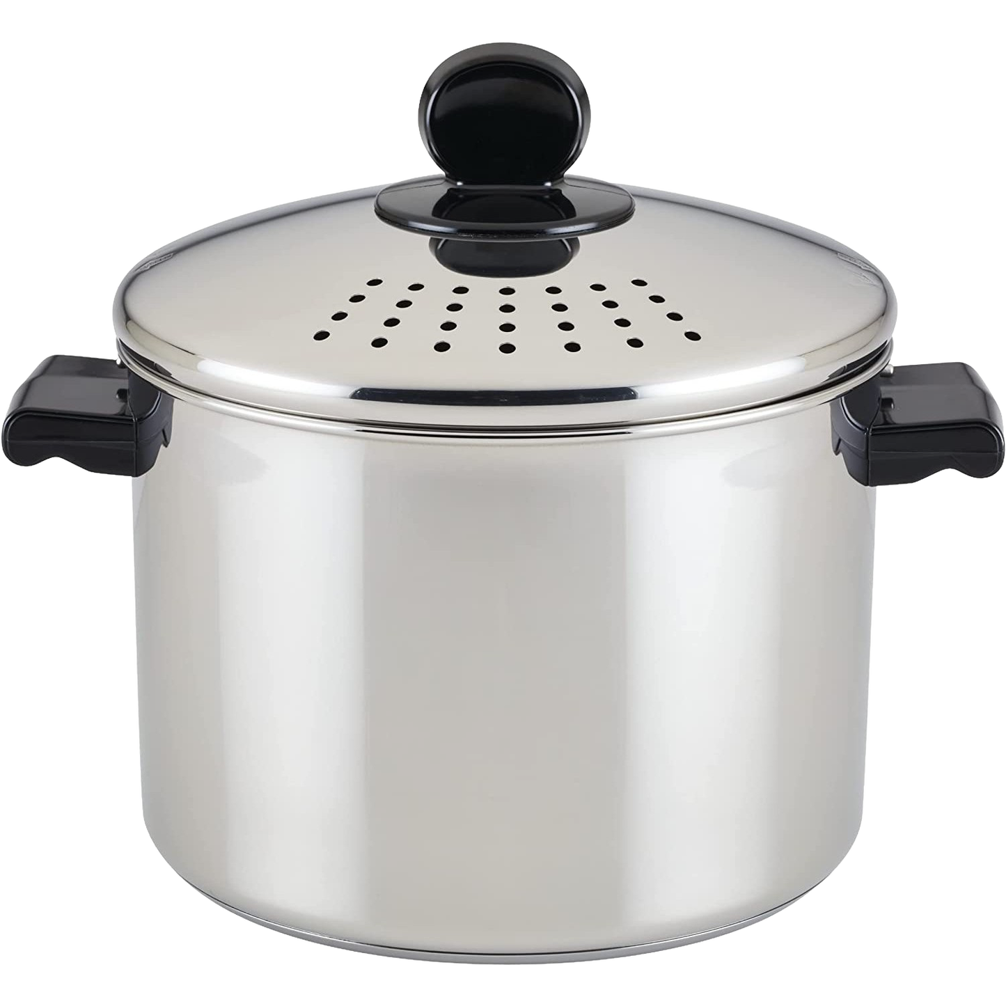 Stainless steel straining stockpot with built-in colander lid and black handles, designed for efficient cooking and easy liquid draining, ideal for Kitchen & Food and Cookware collections.