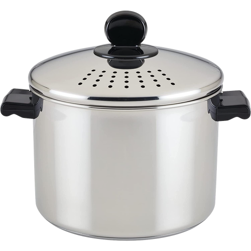 Stainless steel straining stockpot with built-in colander lid and black handles, designed for efficient cooking and easy liquid draining, ideal for Kitchen & Food and Cookware collections.