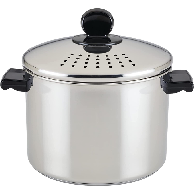 Stainless steel straining stockpot with built-in colander lid and black handles, designed for efficient cooking and easy liquid draining, ideal for Kitchen & Food and Cookware collections.