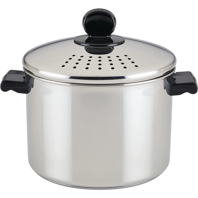 Stainless steel straining stockpot with built-in colander lid and black handles, designed for efficient cooking and easy liquid draining, ideal for Kitchen & Food and Cookware collections.