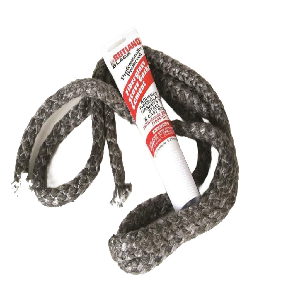 Handcrafted replacement stove gasket kit with seven feet of braided rope and a tube of high-temperature fiberglass sealant, suitable for airtight wood stoves in Stoves and Hearth Accessories collections.