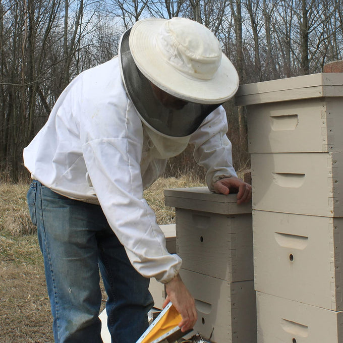 Person dressed in white protective beekeeper gear tending to wooden beehives in an outdoor natural setting, showing traditional beekeeping practices linked to Health & Wellness, Soaps, USA Made, and Best Sellers collections.