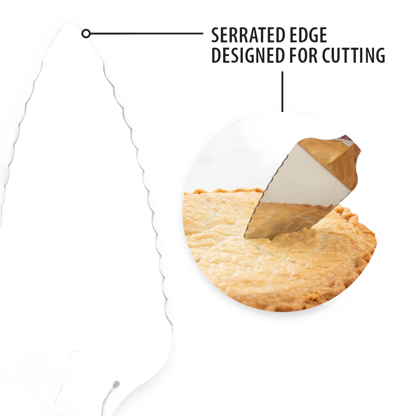 Handcrafted stainless steel serrated pie server with ergonomic handle designed for smooth cutting and serving of pies, cakes, and quiches, featured in Kitchen & Food, Storage and Serving, USA Made, Best Sellers, and Promo Eligible collections.