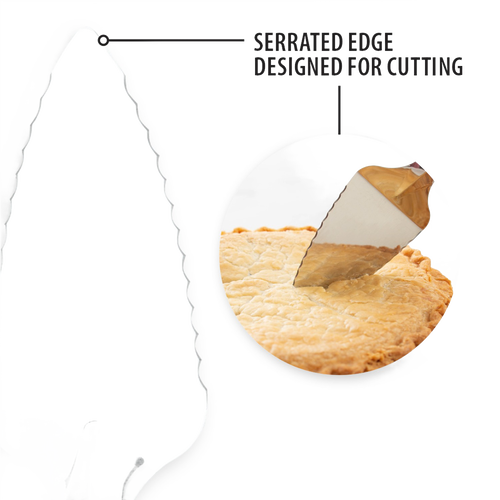 Handcrafted stainless steel serrated pie server with ergonomic handle designed for smooth cutting and serving of pies, cakes, and quiches, featured in Kitchen & Food, Storage and Serving, USA Made, Best Sellers, and Promo Eligible collections.