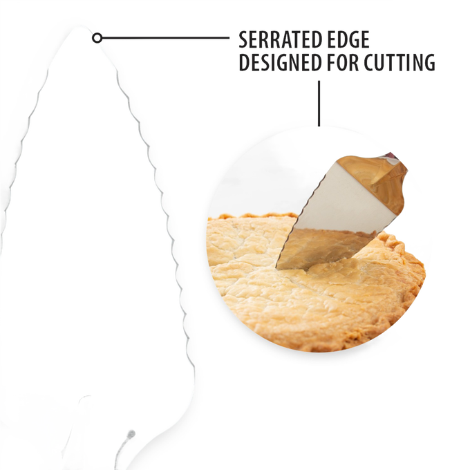 Handcrafted stainless steel serrated pie server with ergonomic handle designed for smooth cutting and serving of pies, cakes, and quiches, featured in Kitchen & Food, Storage and Serving, USA Made, Best Sellers, and Promo Eligible collections.
