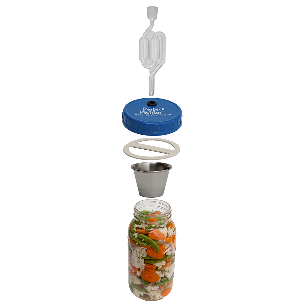 Handcrafted jar-top fermentor kit component with blue lid, airlock, gasket, and stainless steel weight, designed for countertop fermenting of vegetables, featured in Kitchen & Food, Food Preservation, Fermenting and Pickling, Kitchen Gadgets, Cooking and Baking Helpers, USA Made, Best Sellers, and Promo Eligible collections.
