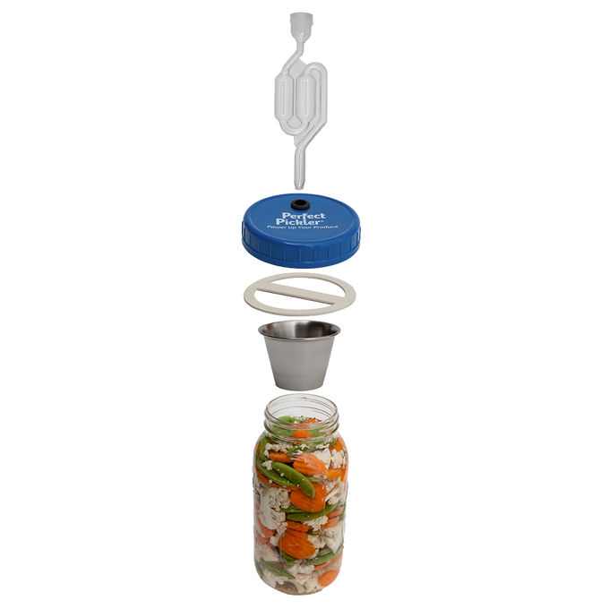 Handcrafted jar-top fermentor kit component with blue lid, airlock, gasket, and stainless steel weight, designed for countertop fermenting of vegetables, featured in Kitchen & Food, Food Preservation, Fermenting and Pickling, Kitchen Gadgets, Cooking and Baking Helpers, USA Made, Best Sellers, and Promo Eligible collections.