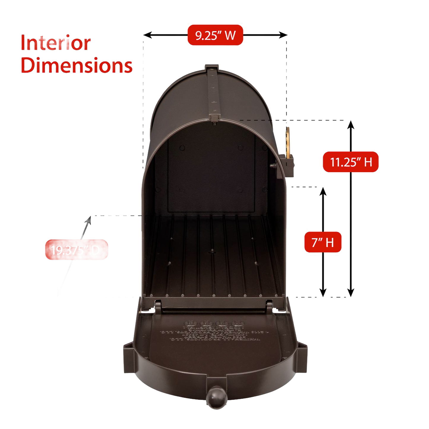 Open handcrafted bronze and gold mailbox with visible interior dimensions highlighted, showcasing spacious design, made in USA, ideal for Home & Decor, Mailboxes and Address Signs collections.