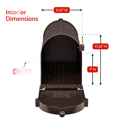 Open handcrafted bronze and gold mailbox with visible interior dimensions highlighted, showcasing spacious design, made in USA, ideal for Home & Decor, Mailboxes and Address Signs collections.