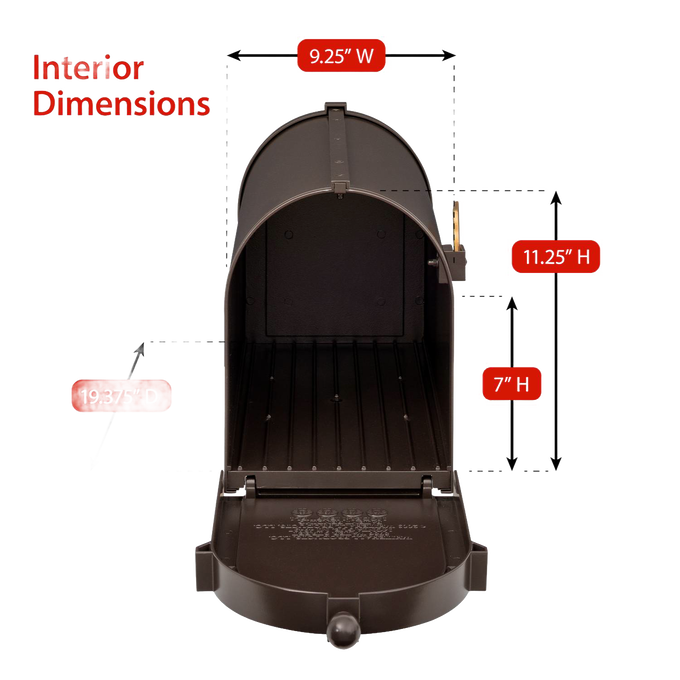 Open handcrafted bronze and gold mailbox with visible interior dimensions highlighted, showcasing spacious design, made in USA, ideal for Home & Decor, Mailboxes and Address Signs collections.