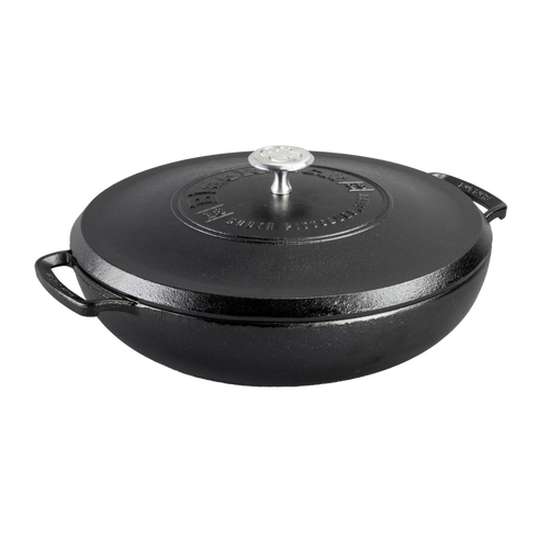 Handcrafted cast iron braiser with lid featuring a triple-seasoned surface for even heat retention, lightweight design, and made in USA, ideal for Kitchen & Food and Cookware collections.