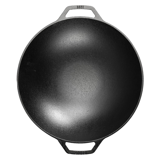 Deep cast iron wok with wide base and balanced handles on both sides, designed for superior heat retention and stir-frying, part of Kitchen & Food, Cookware, and USA Made collections