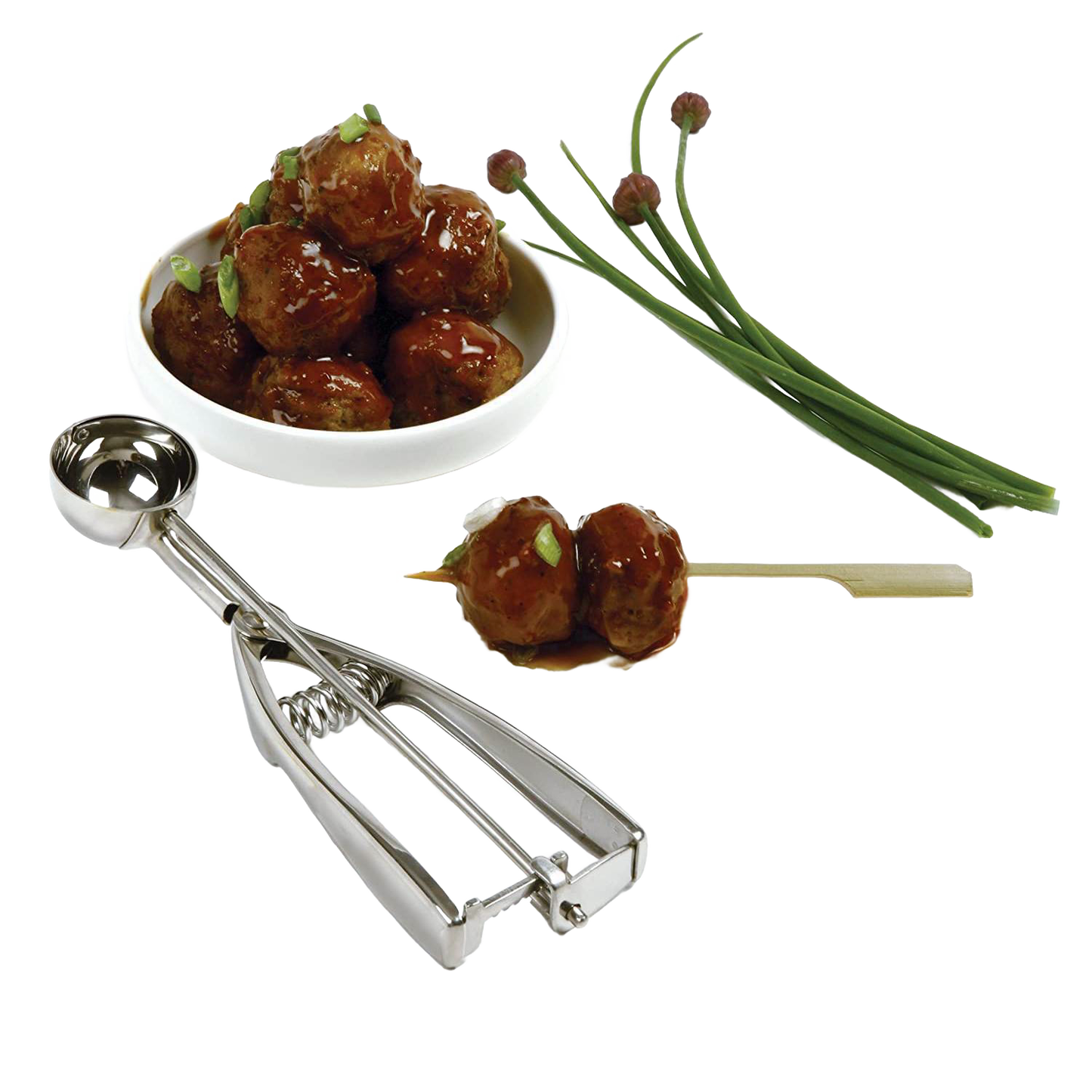 Handcrafted metal scoop with spring release creating uniform meatballs, displayed with a bowl of glazed meatballs and fresh chives, perfect for Kitchen & Food, Cookware, Baking Supplies, Kitchen Gadgets, Cooking and Baking Helpers, Best Sellers, and Promo Eligible collections.