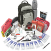 Olive and gray tactical backpack surrounded by organized emergency kits and survival gear including first aid supplies, water bottles, tools, and outdoor essentials for Farm, Garden & Tool and Emergency Supplies collections.