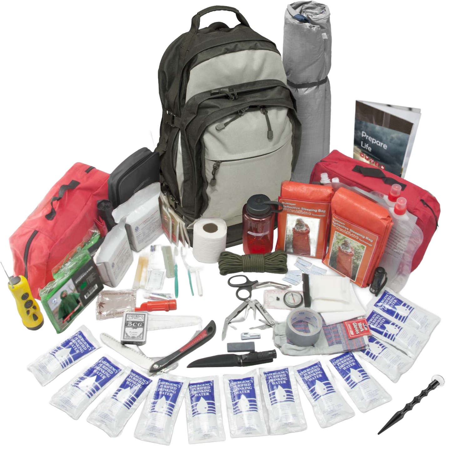 Olive and gray tactical backpack surrounded by organized emergency kits and survival gear including first aid supplies, water bottles, tools, and outdoor essentials for Farm, Garden & Tool and Emergency Supplies collections.